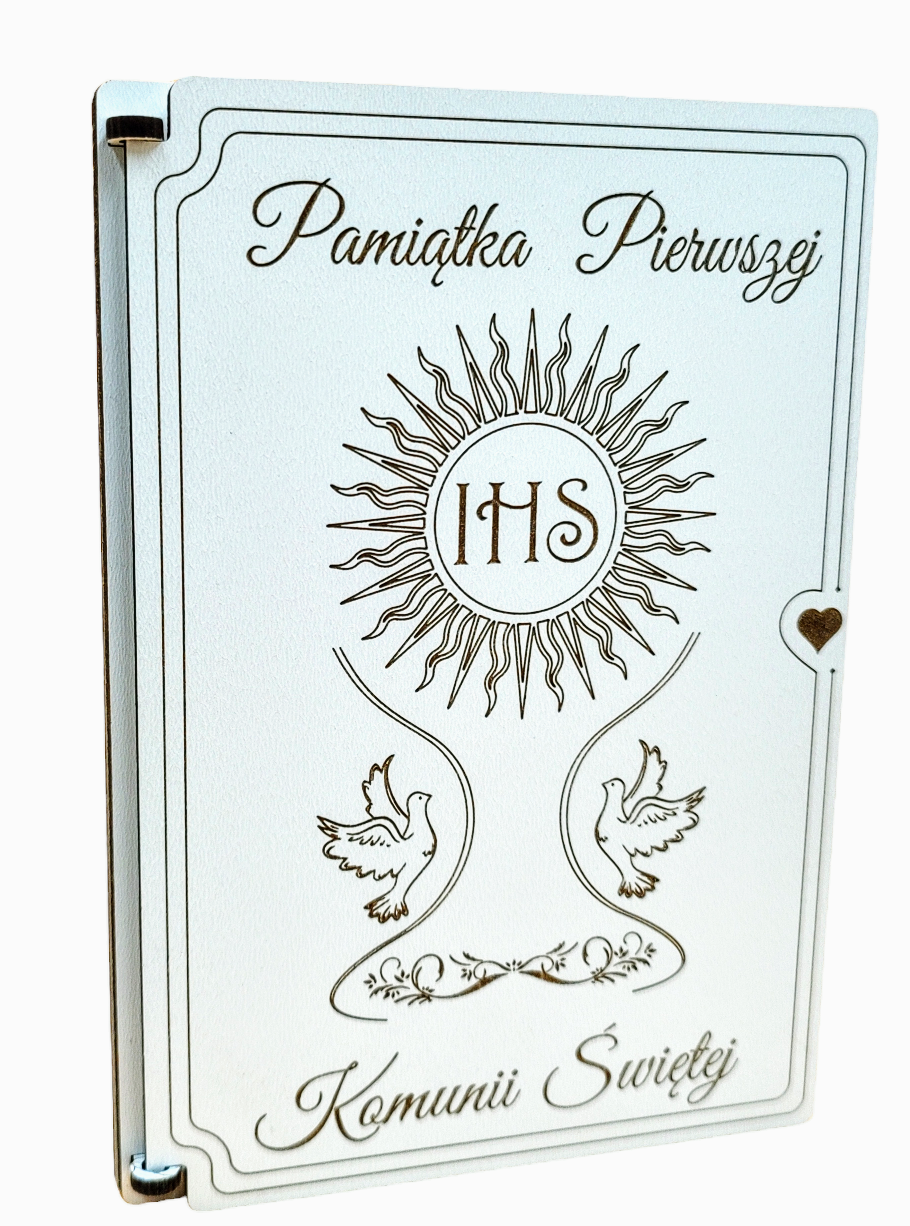 Pamiątka I Komunii Św. Kartka z upominkiem - drewniana kartka KZU2
