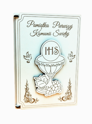 Pamiątka I Komunii Św. Kartka z upominkiem - drewniana kartka KZU3