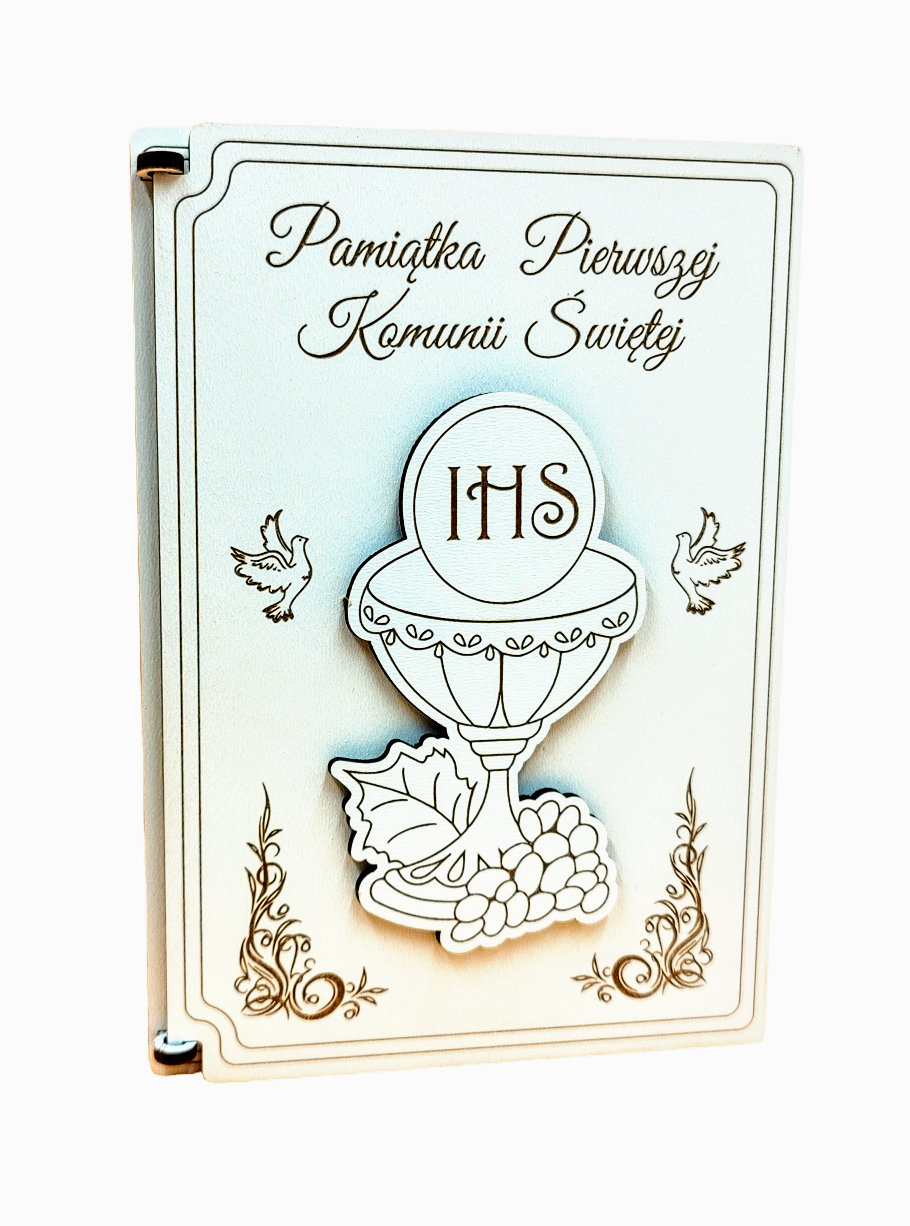 Pamiątka I Komunii Św. Kartka z upominkiem - drewniana kartka KZU3