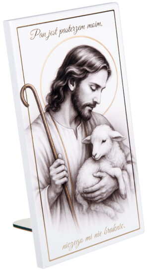 Obrazek religijny na I Komunię Świętą – Jezus Dobry Pasterz czarno- biały S218 10x19cm